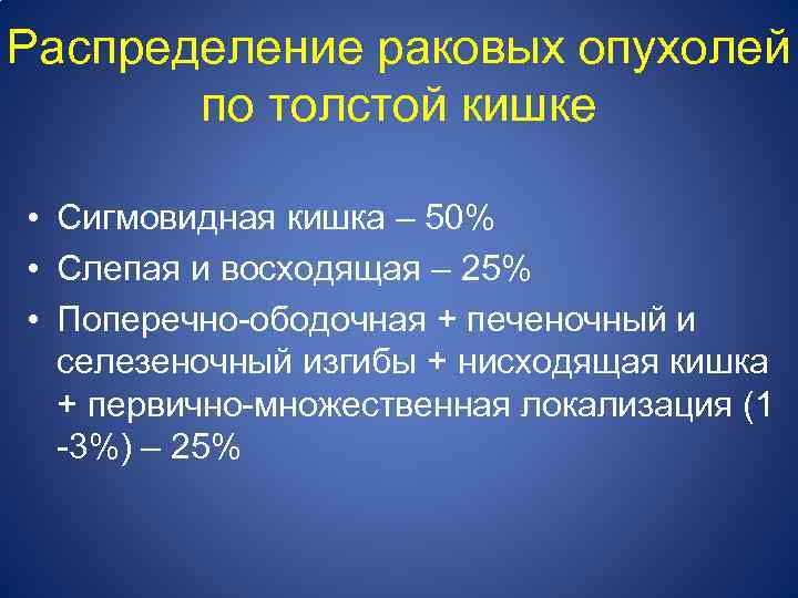Распределение раковых опухолей по толстой кишке • Сигмовидная кишка – 50% • Слепая и
