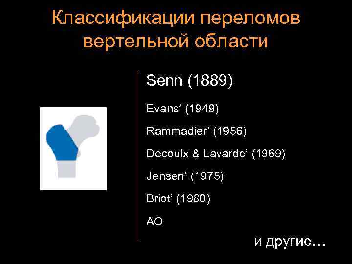 Классификации переломов вертельной области Senn (1889) Evans’ (1949) Rammadier’ (1956) Decoulx & Lavarde’ (1969)