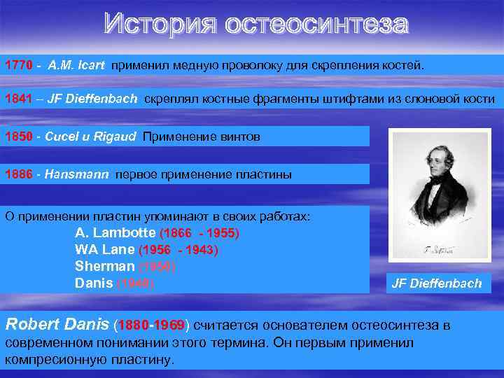 1770 - A. M. Icart применил медную проволоку для скрепления костей. 1841 – JF