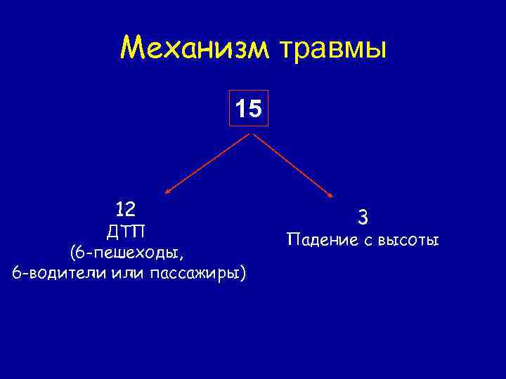 Механизм травмы 15 12 ДТП (6 -пешеходы, 6 -водители или пассажиры) 3 Падение с