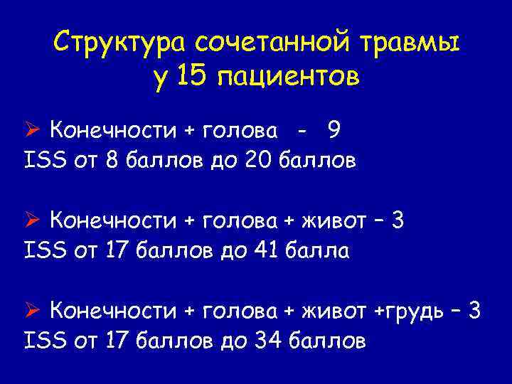 Структура сочетанной травмы у 15 пациентов Ø Конечности + голова - 9 ISS от