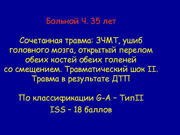 Больной Ч. 35 лет Сочетанная травма: ЗЧМТ, ушиб головного мозга, открытый перелом обеих костей