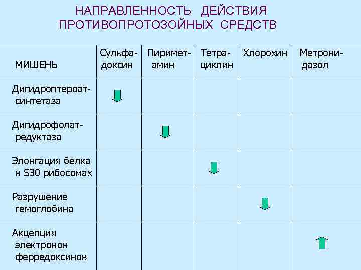 НАПРАВЛЕННОСТЬ ДЕЙСТВИЯ ПРОТИВОПРОТОЗОЙНЫХ СРЕДСТВ МИШЕНЬ Дигидроптероатсинтетаза Дигидрофолатредуктаза Элонгация белка в S 30 рибосомах Разрушение