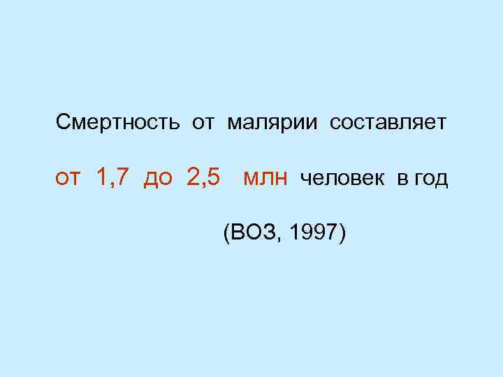 Смертность от малярии составляет от 1, 7 до 2, 5 млн человек в год