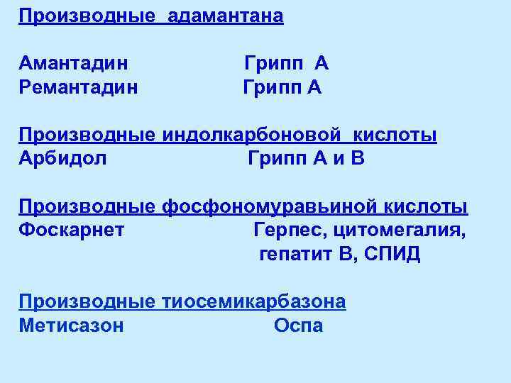 Производные адамантана Амантадин Ремантадин Грипп А Производные индолкарбоновой кислоты Арбидол Грипп А и В