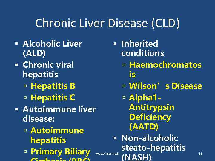 Chronic Liver Disease (CLD) Alcoholic Liver Inherited (ALD) conditions Chronic viral Haemochromatos hepatitis is
