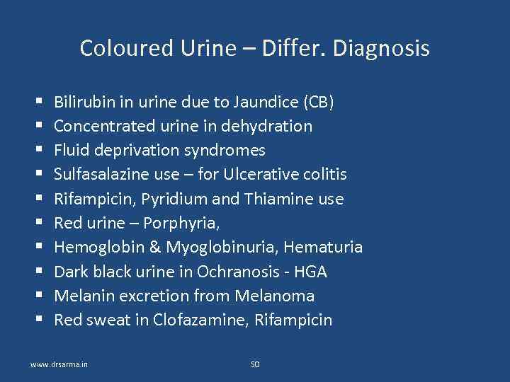 Coloured Urine – Differ. Diagnosis Bilirubin in urine due to Jaundice (CB) Concentrated urine
