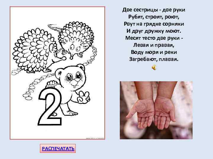 Две сестрицы - две руки Рубят, строят, роют, Рвут на грядке сорняки И друг