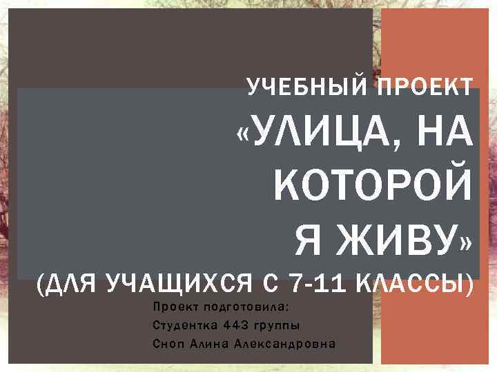 УЧЕБНЫЙ ПРОЕКТ «УЛИЦА, НА КОТОРОЙ Я ЖИВУ» (ДЛЯ УЧАЩИХСЯ С 7 -11 КЛАССЫ) Проект