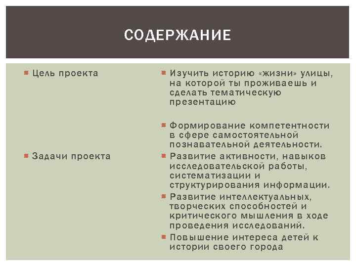 СОДЕРЖАНИЕ Цель проекта Задачи проекта Изучить историю «жизни» улицы, на которой ты проживаешь и