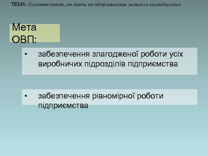 ТЕМА: Система планів, які діють на підприємствах зеленого господарства Мета ОВП: • забезпечення злагодженої