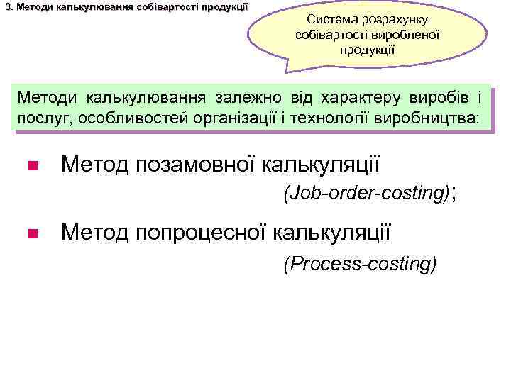 3. Методи калькулювання собівартості продукції Система розрахунку собівартості виробленої продукції Методи калькулювання залежно від
