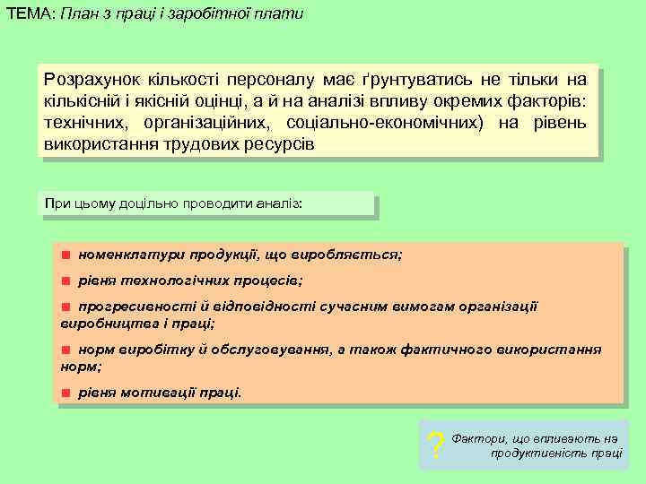 ТЕМА: План з праці і заробітної плати Розрахунок кількості персоналу має ґрунтуватись не тільки