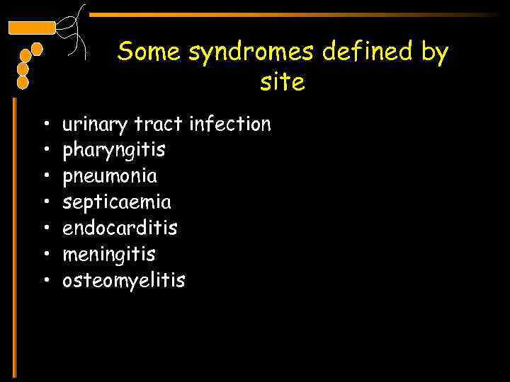 Some syndromes defined by site • • urinary tract infection pharyngitis pneumonia septicaemia endocarditis