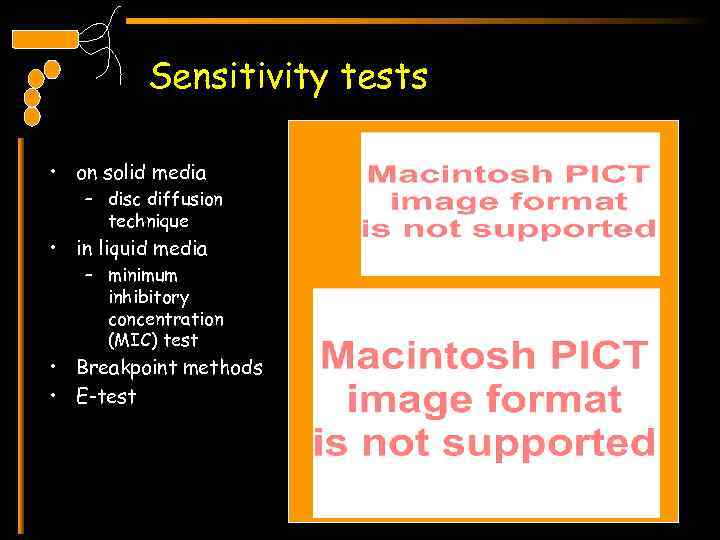 Sensitivity tests • on solid media – disc diffusion technique • in liquid media