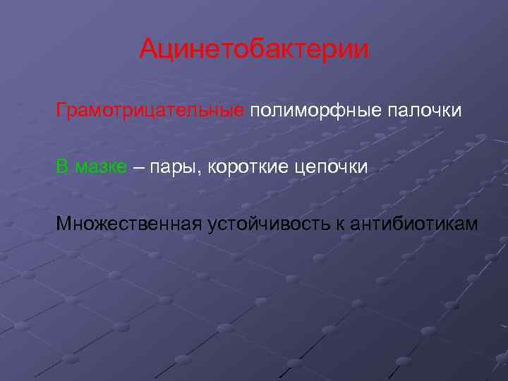 Ацинетобактерии Грамотрицательные полиморфные палочки В мазке – пары, короткие цепочки Множественная устойчивость к антибиотикам