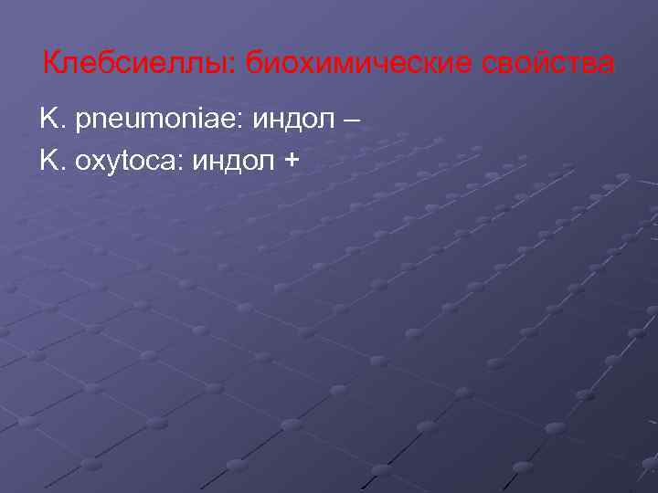 Клебсиеллы: биохимические свойства K. pneumoniae: индол – K. oxytoca: индол + 