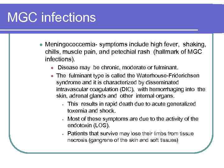 MGC infections l Meningococcemia symptoms include high fever, shaking, chills, muscle pain, and petechial