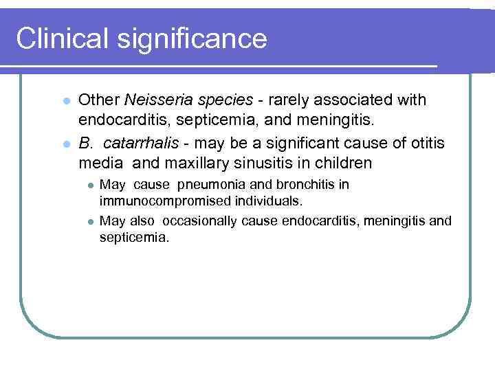 Clinical significance l l Other Neisseria species rarely associated with endocarditis, septicemia, and meningitis.