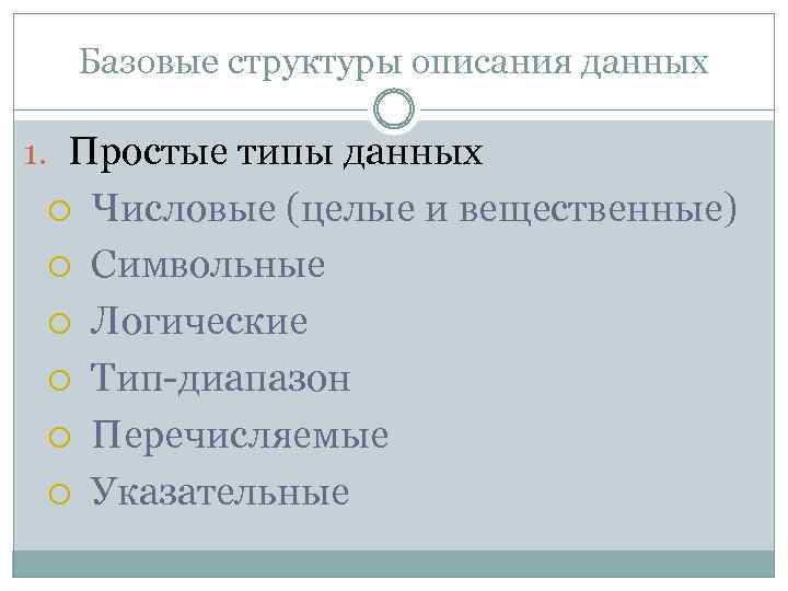 Базовые структуры описания данных 1. Простые типы данных Числовые (целые и вещественные) Символьные Логические