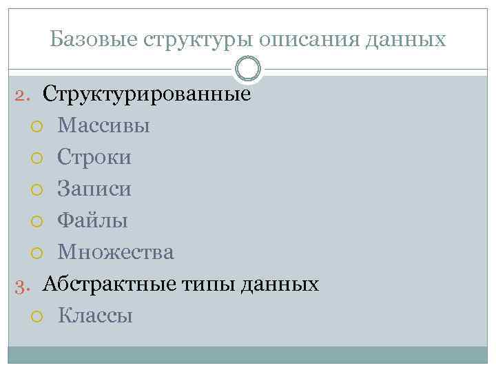 Базовые структуры описания данных 2. Структурированные Массивы Строки Записи Файлы Множества 3. Абстрактные типы