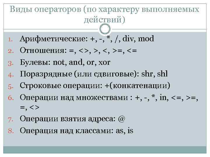 Виды операторов (по характеру выполняемых действий) 1. Арифметические: +, -, *, /, div, mod
