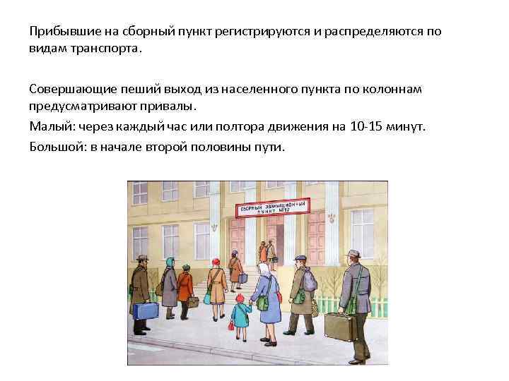 Прибывшие на сборный пункт регистрируются и распределяются по видам транспорта. Совершающие пеший выход из