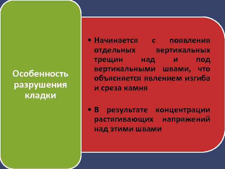 Особенность разрушения кладки • Начинается с появления отдельных вертикальных трещин над и под вертикальными