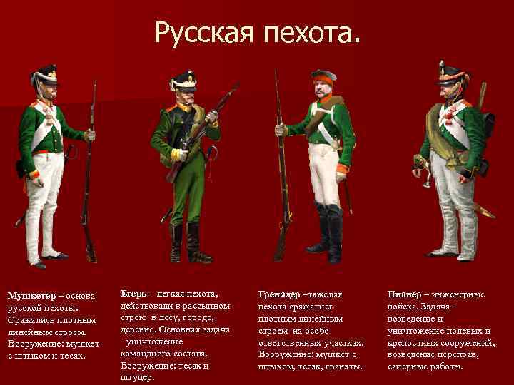 Русская пехота. Мушкетер – основа русской пехоты. Сражались плотным линейным строем. Вооружение: мушкет с