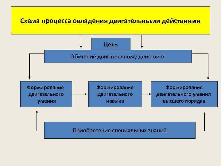 Схема процесса овладения двигательными действиями Цель Обучение двигательному действию Формирование двигательного умения Формирование двигательного