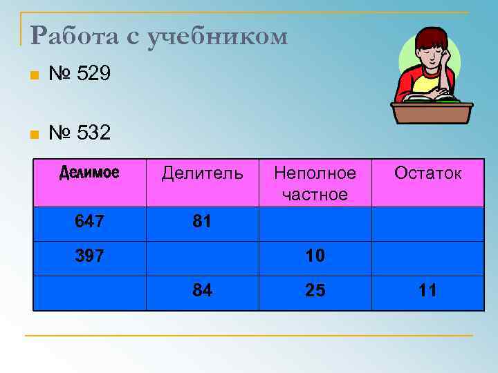 Работа с учебником n № 529 n № 532 Делимое Делитель 647 81 397
