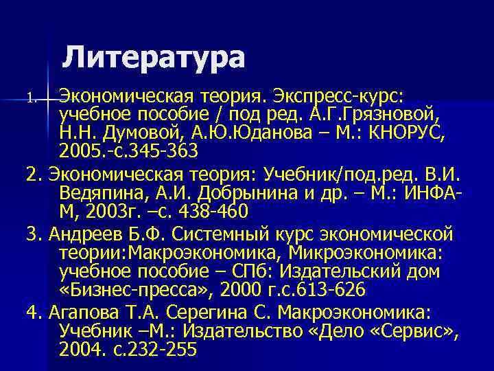 Литература Экономическая теория. Экспресс-курс: учебное пособие / под ред. А. Г. Грязновой, Н. Н.