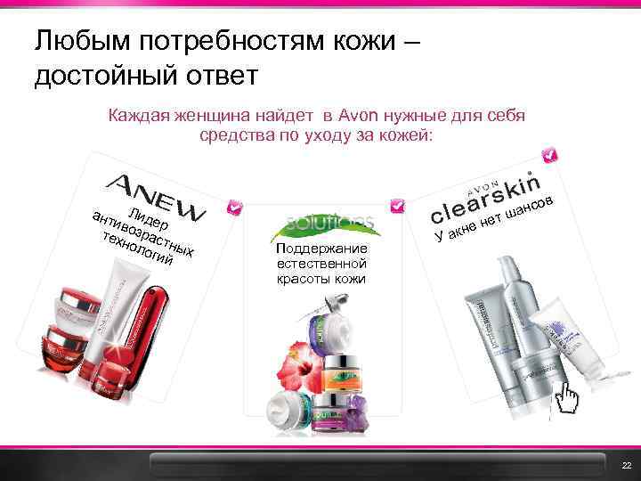 Любым потребностям кожи – достойный ответ Каждая женщина найдет в Avon нужные для себя