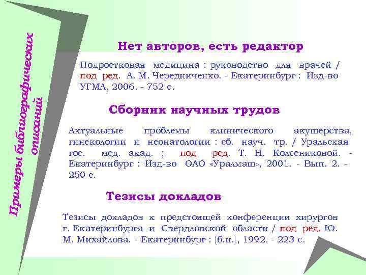 Примеры би блиографич еских описаний Нет авторов, есть редактор Подростковая медицина : руководство для