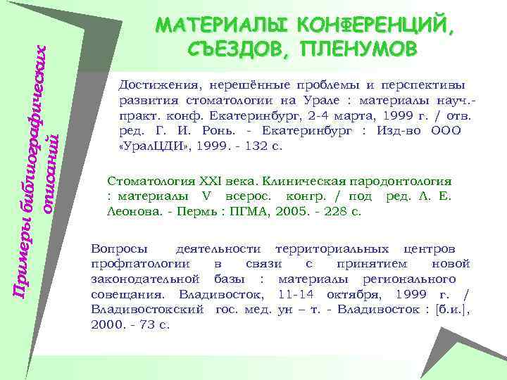 Примеры би блиографич еских описаний МАТЕРИАЛЫ КОНФЕРЕНЦИЙ, СЪЕЗДОВ, ПЛЕНУМОВ Достижения, нерешённые проблемы и перспективы