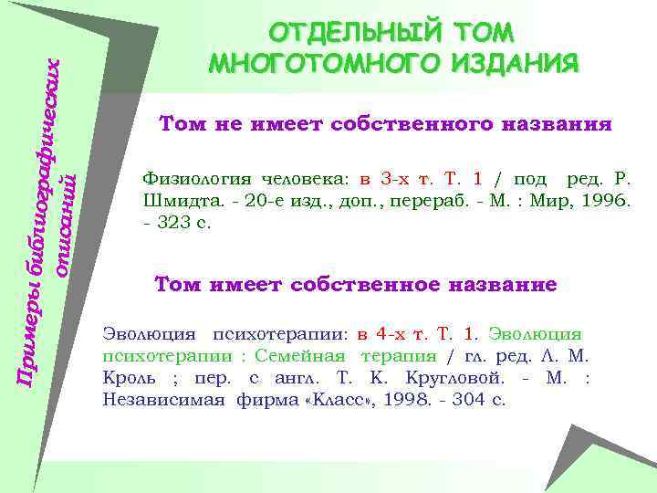 Примеры би блиографич еских описаний ОТДЕЛЬНЫЙ ТОМ МНОГОТОМНОГО ИЗДАНИЯ Том не имеет собственного названия