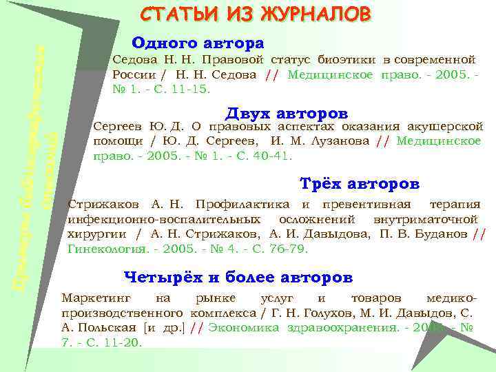 Примеры би блиографич еских описаний СТАТЬИ ИЗ ЖУРНАЛОВ Одного автора Седова Н. Н. Правовой
