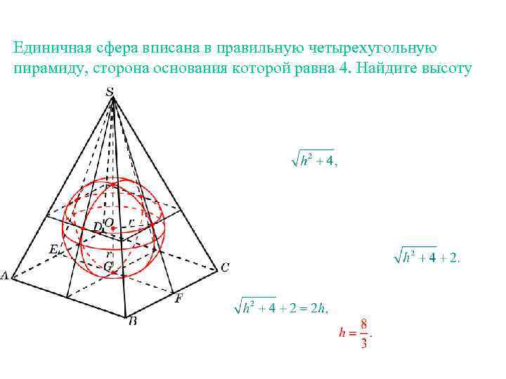 Единичная сфера вписана в правильную четырехугольную пирамиду, сторона основания которой равна 4. Найдите высоту