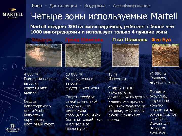 Вино - Дистилляция - Выдержка - Ассемблирование Четыре зоны используемые Martell владеет 300 га