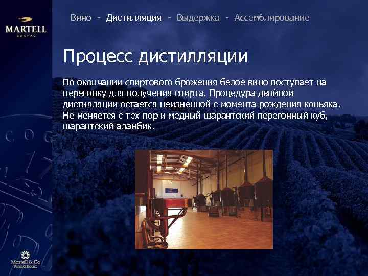 Вино - Дистилляция - Выдержка - Ассемблирование Процесс дистилляции По окончании спиртового брожения белое