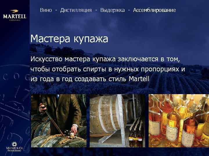Вино - Дистилляция - Выдержка - Ассемблирование Мастера купажа Искусство мастера купажа заключается в