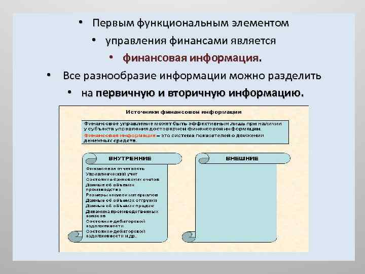  • Первым функциональным элементом • управления финансами является • финансовая информация. • Все