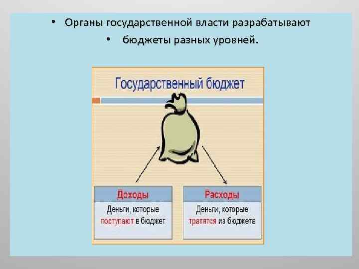  • Органы государственной власти разрабатывают • бюджеты разных уровней. 