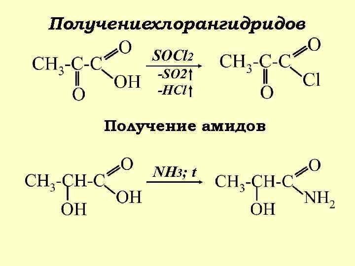 Получениехлорангидридов SOCl 2 -SO 2 -HCl Получение амидов NH 3; t 