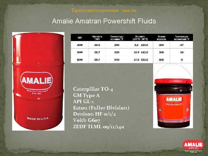 Трансмиссионные масла Amalie Amatran Powershift Fluids Caterpillar TO-4 GM Type A API GL-1 Eaton