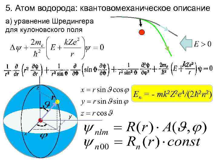 5. Атом водорода: квантовомеханическое описание а) уравнение Шредингера для кулоновского поля z En =