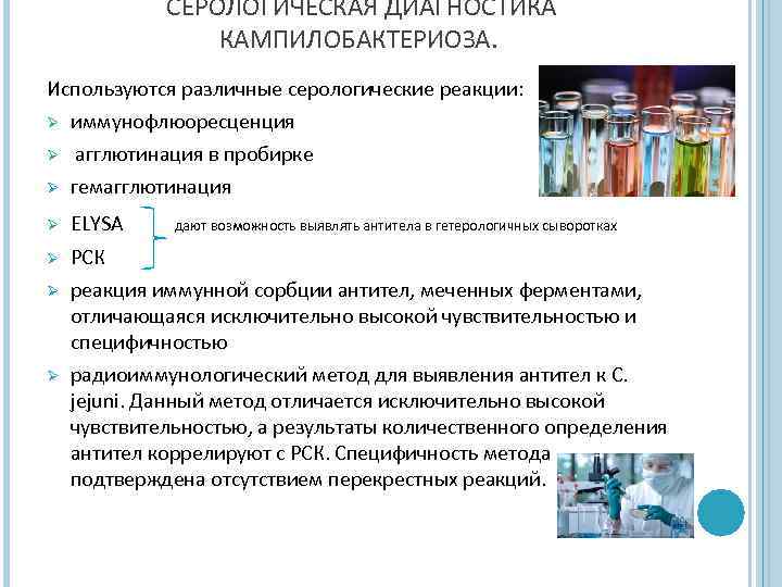 СЕРОЛОГИЧЕСКАЯ ДИАГНОСТИКА КАМПИЛОБАКТЕРИОЗА. Используются различные серологические реакции: Ø иммунофлюоресценция агглютинация в пробирке гемагглютинация Ø