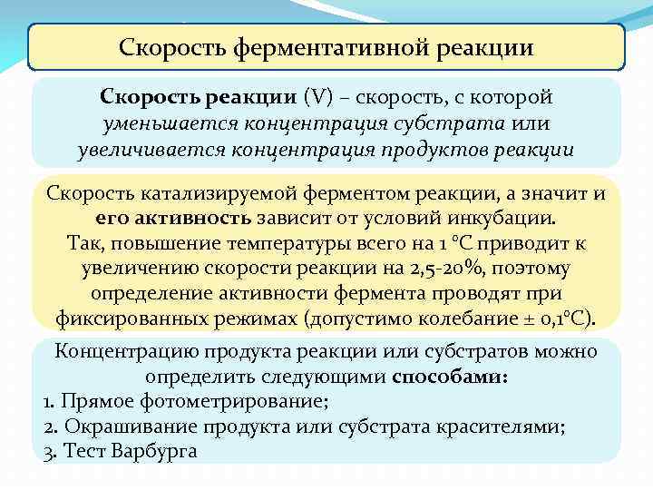 Скорость ферментативной реакции Скорость реакции (V) – скорость, с которой уменьшается концентрация субстрата или