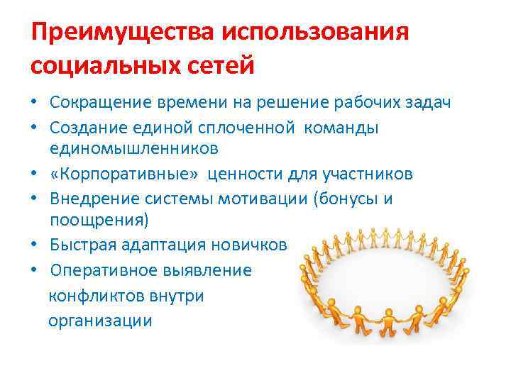 Преимущества использования социальных сетей • Сокращение времени на решение рабочих задач • Создание единой