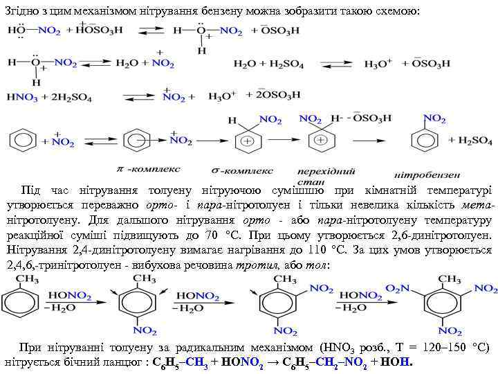 Згідно з цим механізмом нітрування бензену можна зобразити такою схемою: Під час нітрування толуену